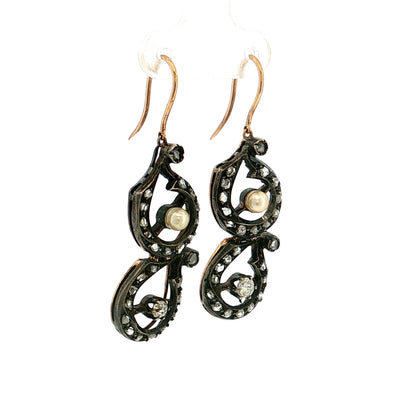 .82 Georgian Diamond & Pearl Drop Earrings Silver & 14k