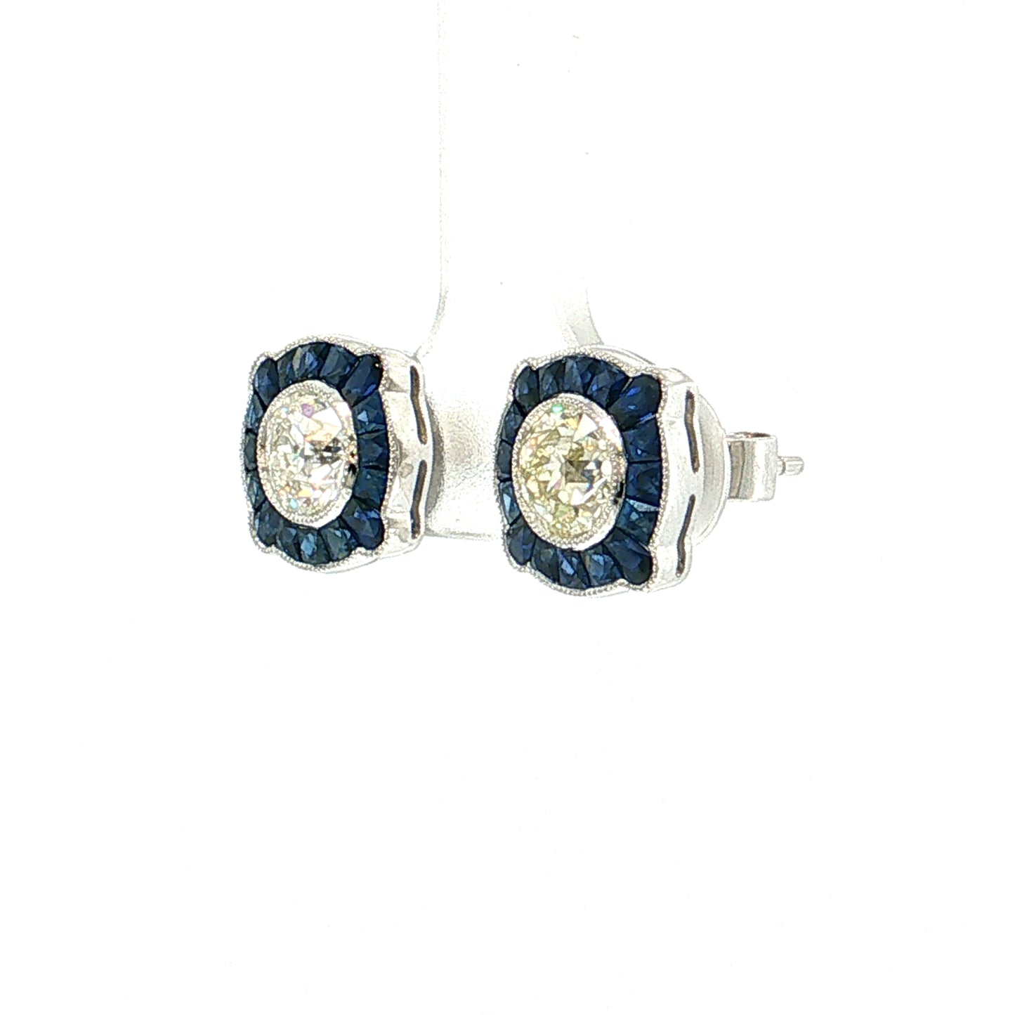 1.70 Old European Diamond Sapphire Stud Earrings Platinum