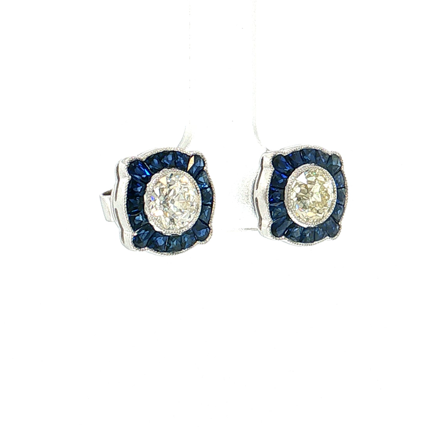 1.70 Old European Diamond Sapphire Stud Earrings Platinum