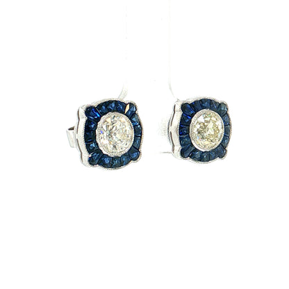 1.70 Old European Diamond Sapphire Stud Earrings Platinum