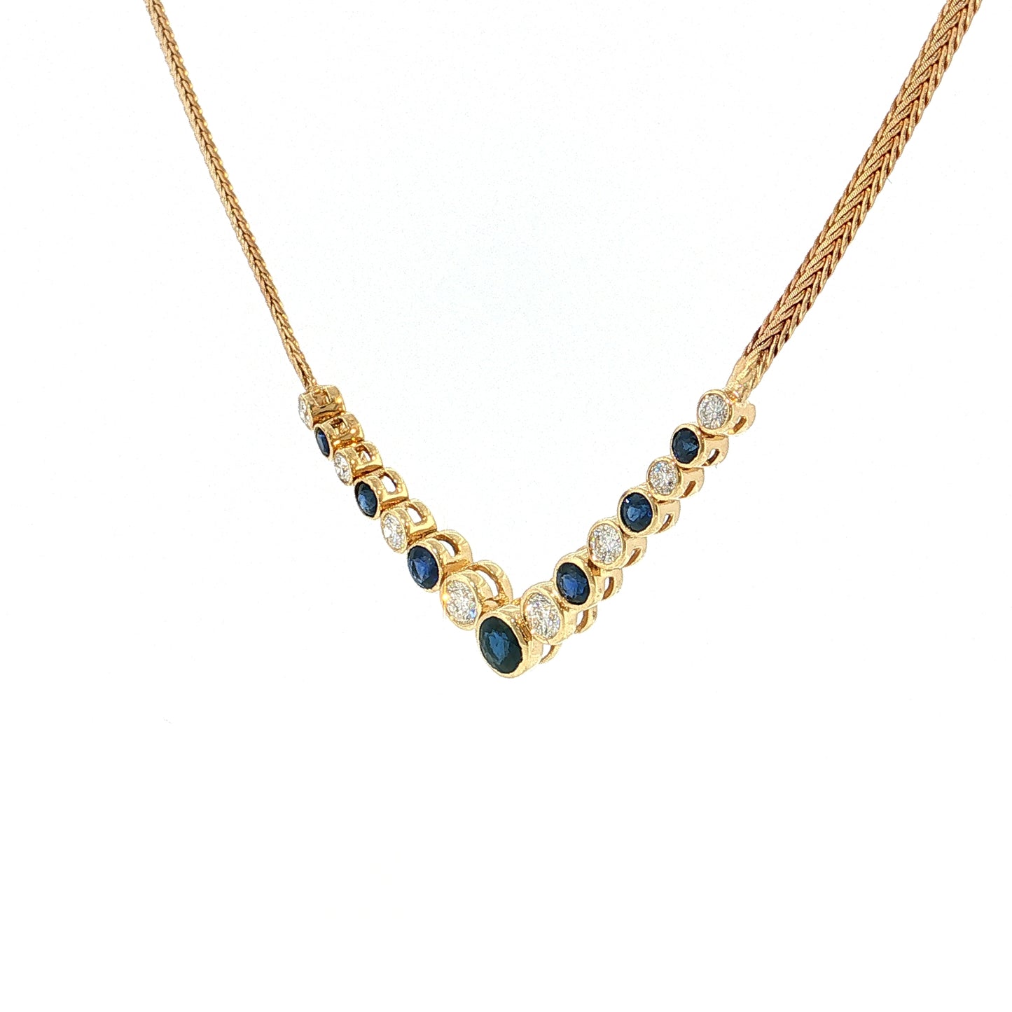 Blue Sapphire & Diamond Herringbone Necklace 14k