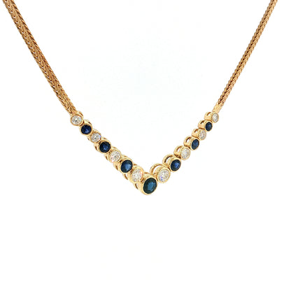 Blue Sapphire & Diamond Herringbone Necklace 14k