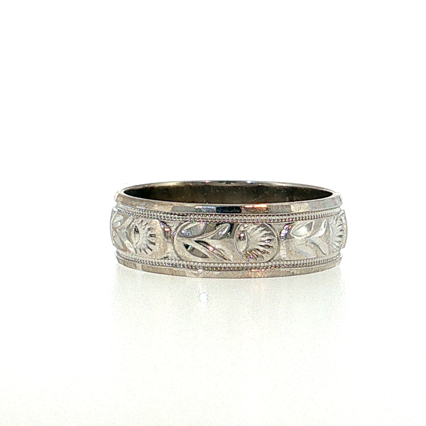 Vintage Mid-Century Engraved Wedding Band 14k White Gold