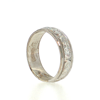 Vintage Mid-Century Engraved Wedding Band 14k White Gold