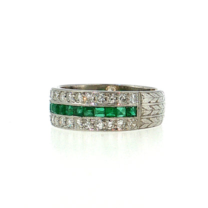 .75 Vintage Mid-Century Diamond & Emerald Stacking Ring Platinum