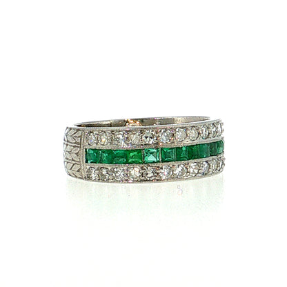 .75 Vintage Mid-Century Diamond & Emerald Stacking Ring Platinum