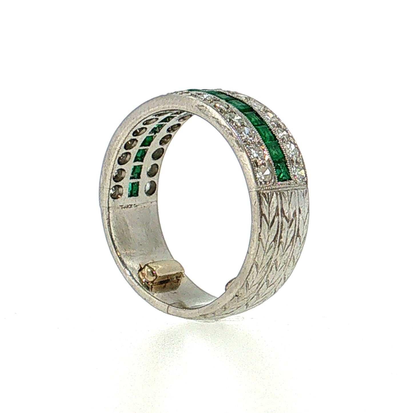 .75 Vintage Mid-Century Diamond & Emerald Stacking Ring Platinum