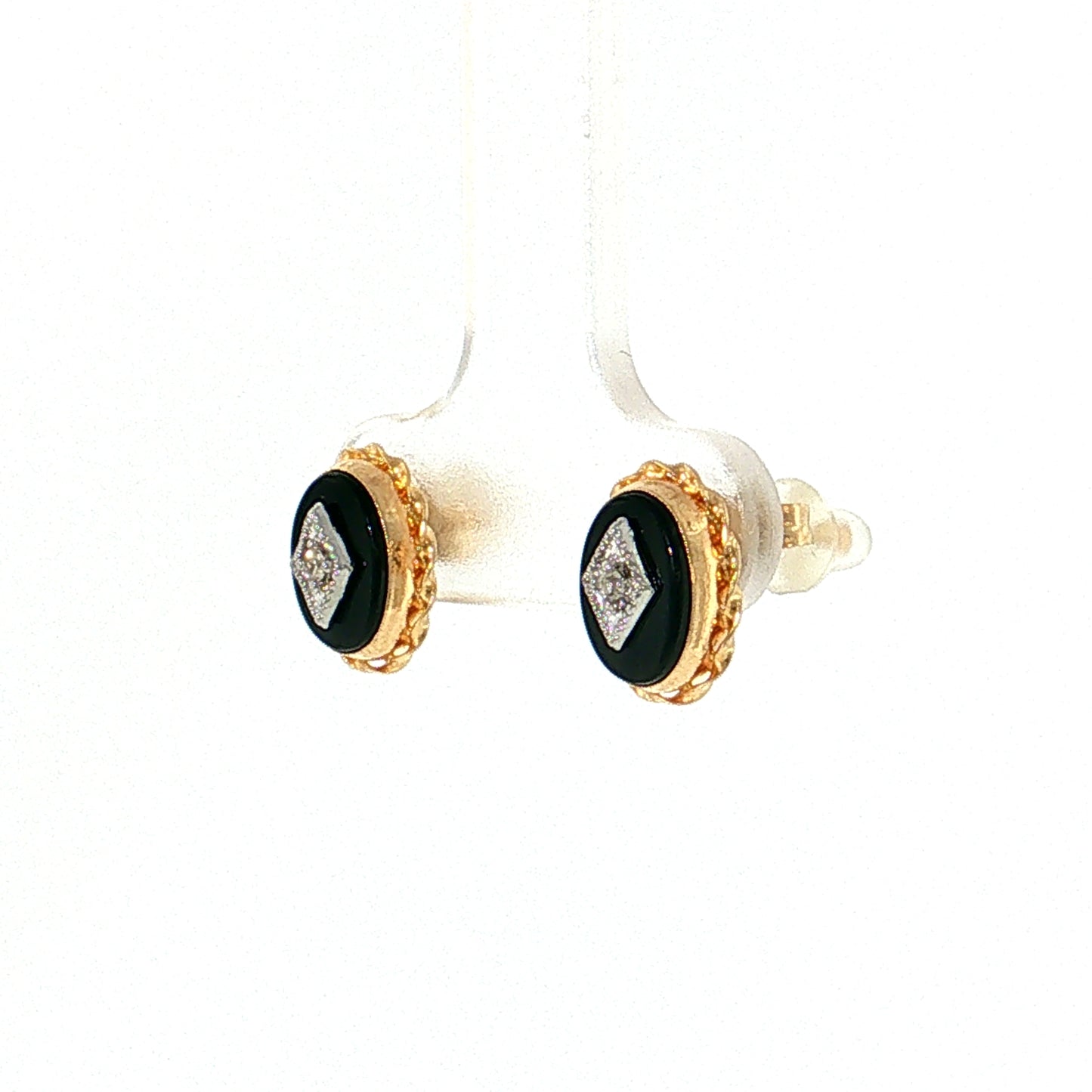 Vintage Mid-Century Onyx Diamond Studs 14k