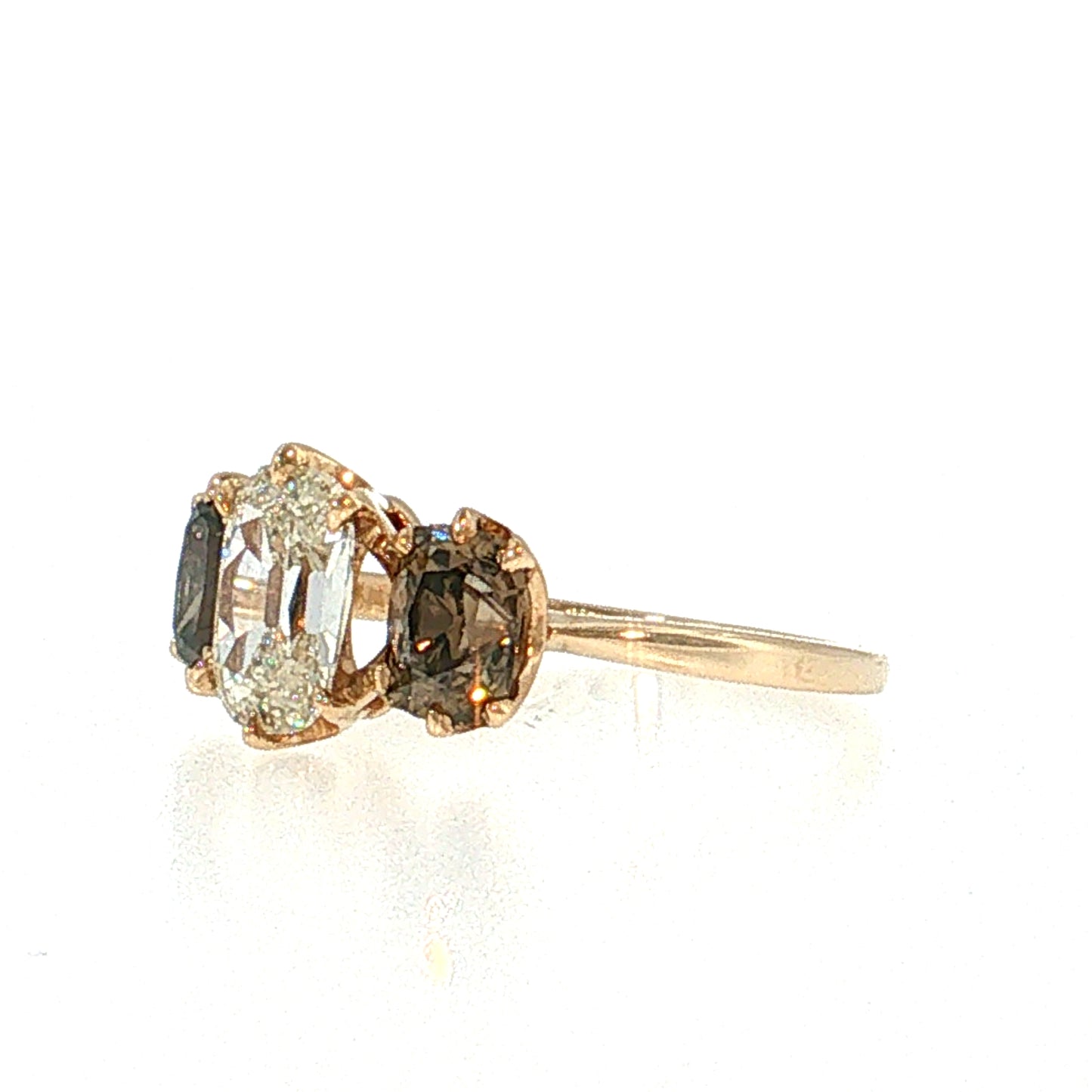 1.05 Old Mine Cushion Diamond Three Stone Ring 14k