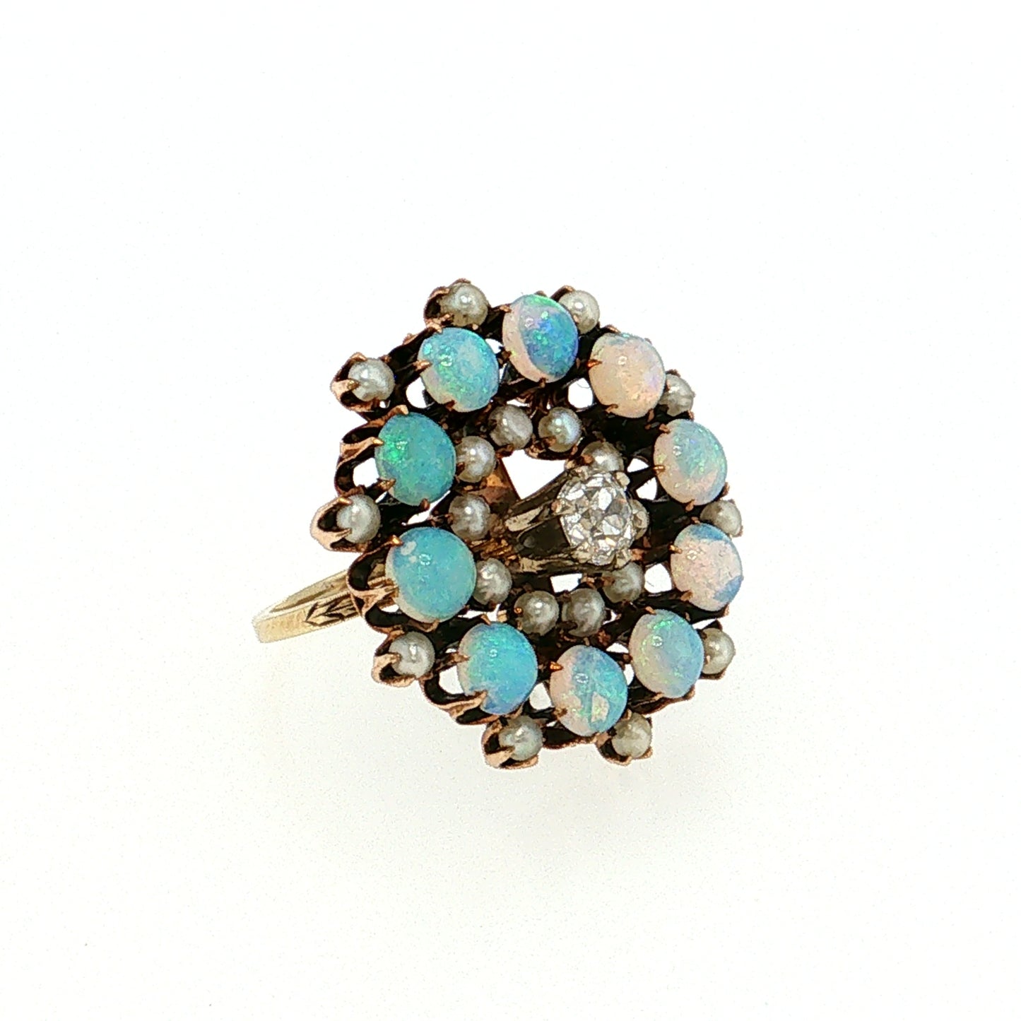 .40 Victorian Diamond Opal Pearl Cocktail Ring 14k