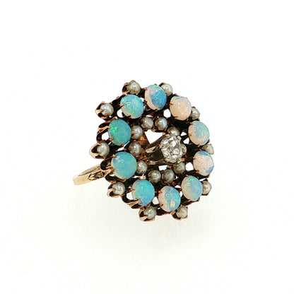 .40 Victorian Diamond Opal Pearl Cocktail Ring 14k