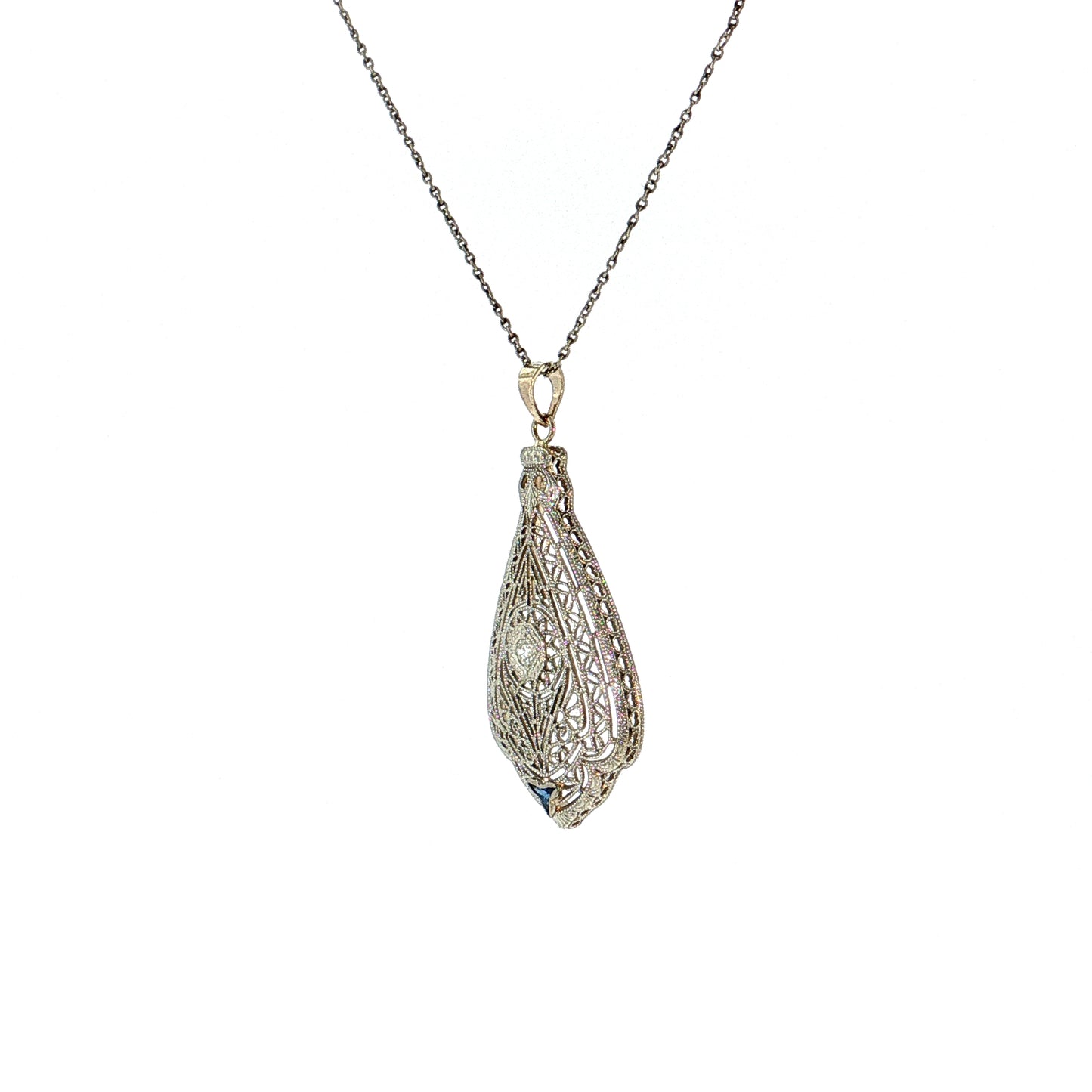 .03 Antique Art Deco Diamond Filigree Pendant 14k White Gold
