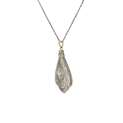 .03 Antique Art Deco Diamond Filigree Pendant 14k White Gold