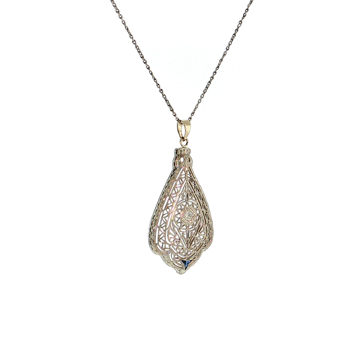 .03 Antique Art Deco Diamond Filigree Pendant 14k White Gold