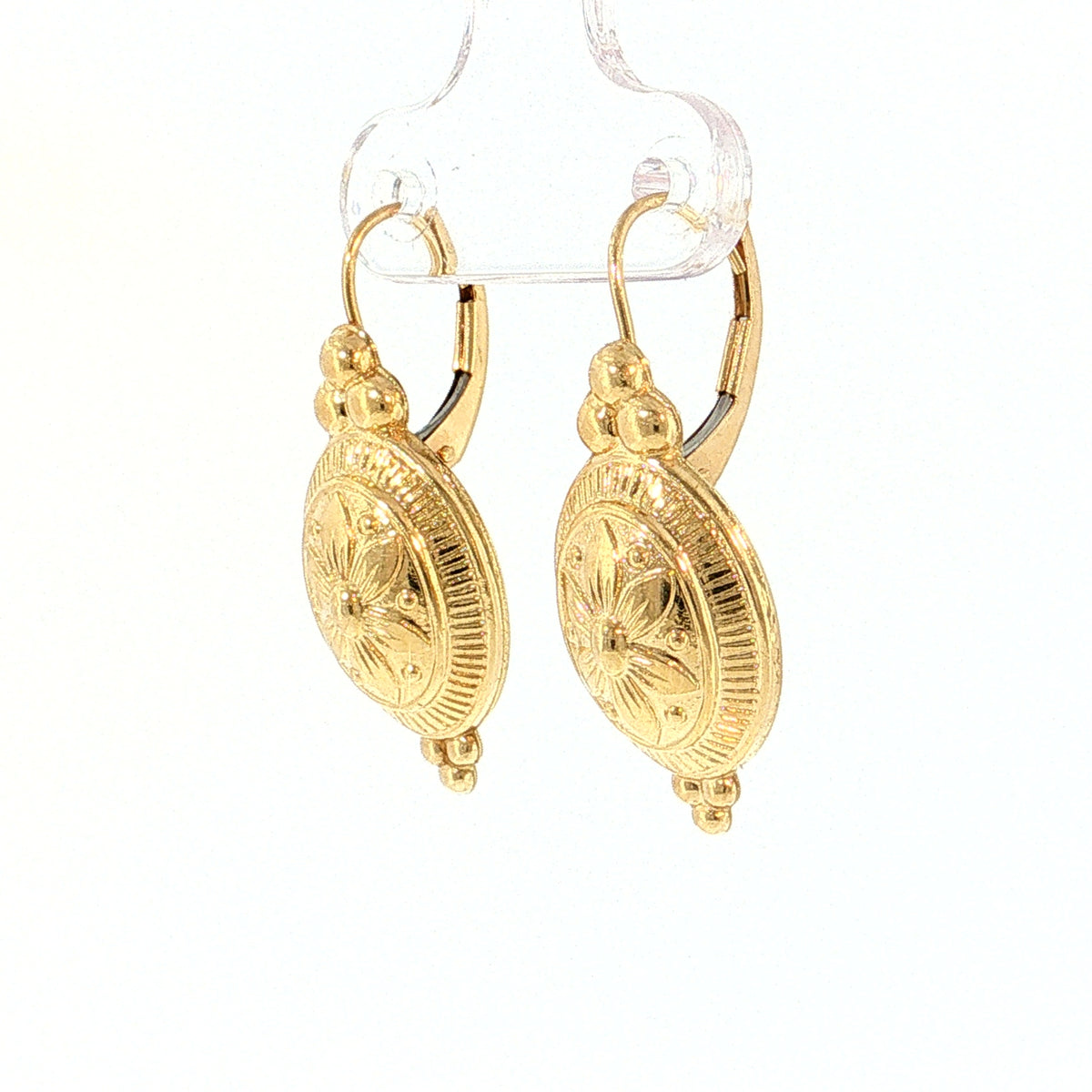 Oval Flower Engraved Drop Earrings 14k Yellow Gold