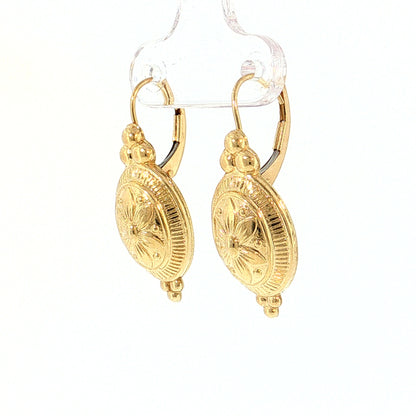 Oval Flower Engraved Drop Earrings 14k Yellow Gold