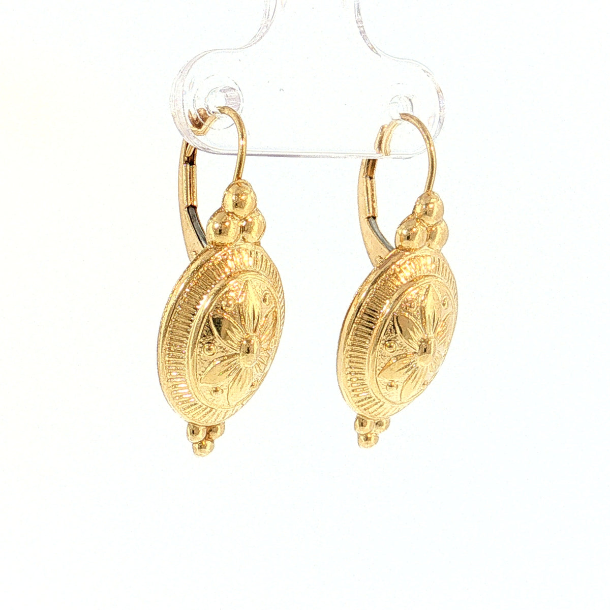 Oval Flower Engraved Drop Earrings 14k Yellow Gold