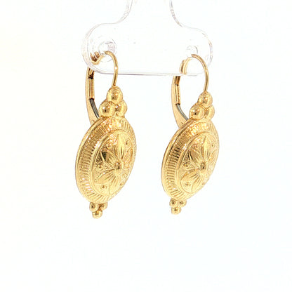 Oval Flower Engraved Drop Earrings 14k Yellow Gold