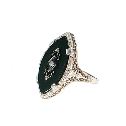 Antique Art Deco Diamond & Onyx Navette Ring 14k