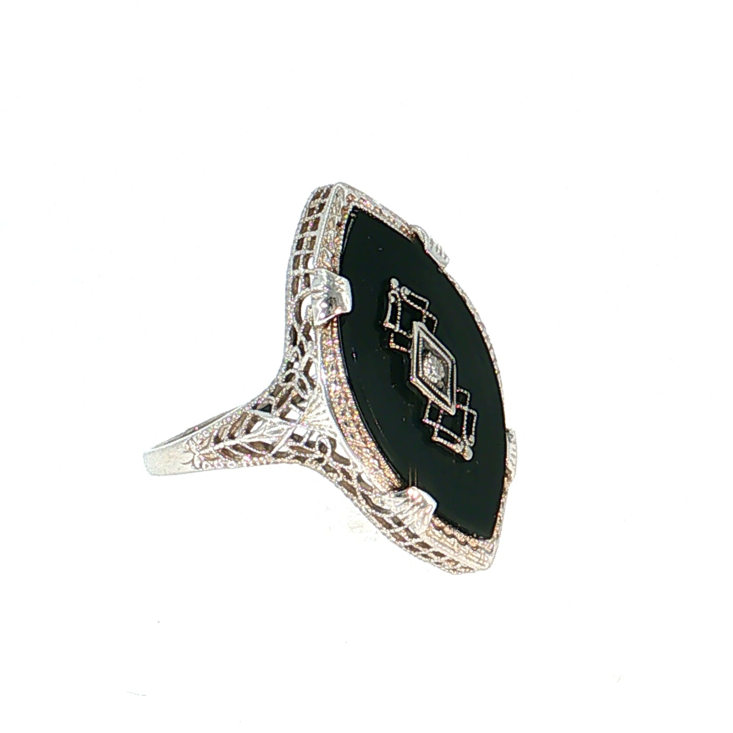 Antique Art Deco Diamond & Onyx Navette Ring 14k