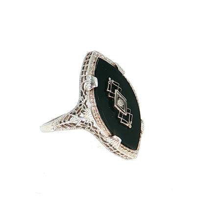 Antique Art Deco Diamond & Onyx Navette Ring 14k