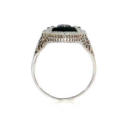 Antique Art Deco Diamond & Onyx Navette Ring 14k