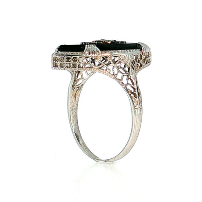 Antique Art Deco Diamond & Onyx Navette Ring 14k