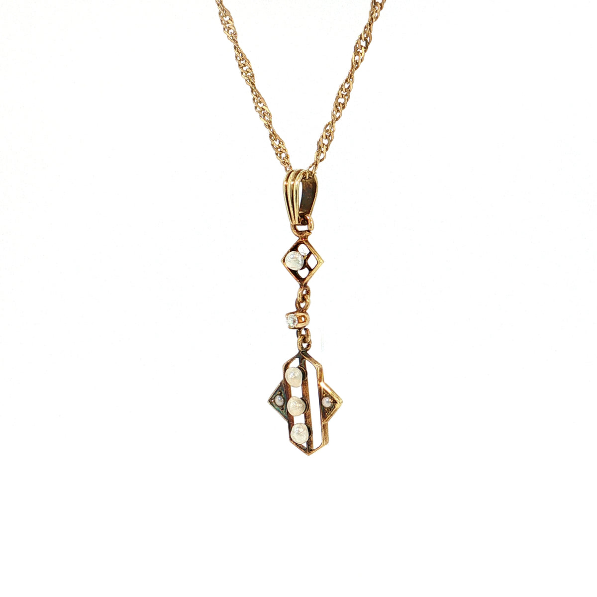 Vintage Pearl & Diamond Pendant Necklace 14k Yellow Gold