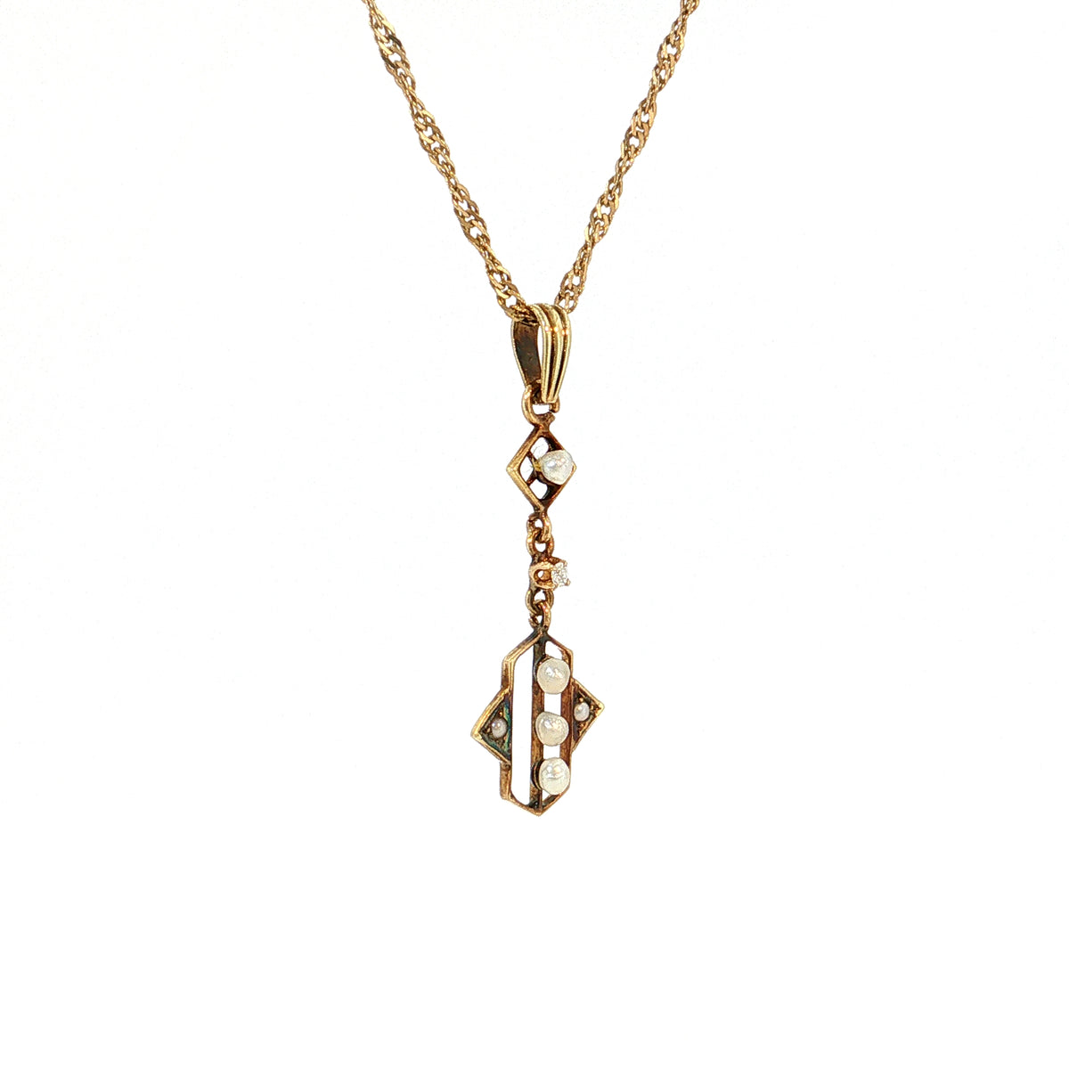 Vintage Pearl & Diamond Pendant Necklace 14k Yellow Gold