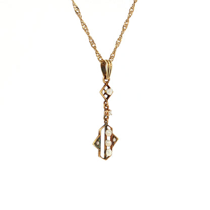 Vintage Pearl & Diamond Pendant Necklace 14k Yellow Gold