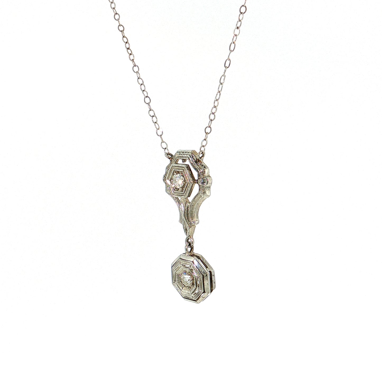.12 Antique Art Deco Diamond Pendant Necklace 18k & 14k White Gold