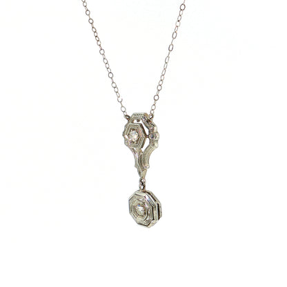 .12 Antique Art Deco Diamond Pendant Necklace 18k & 14k White Gold
