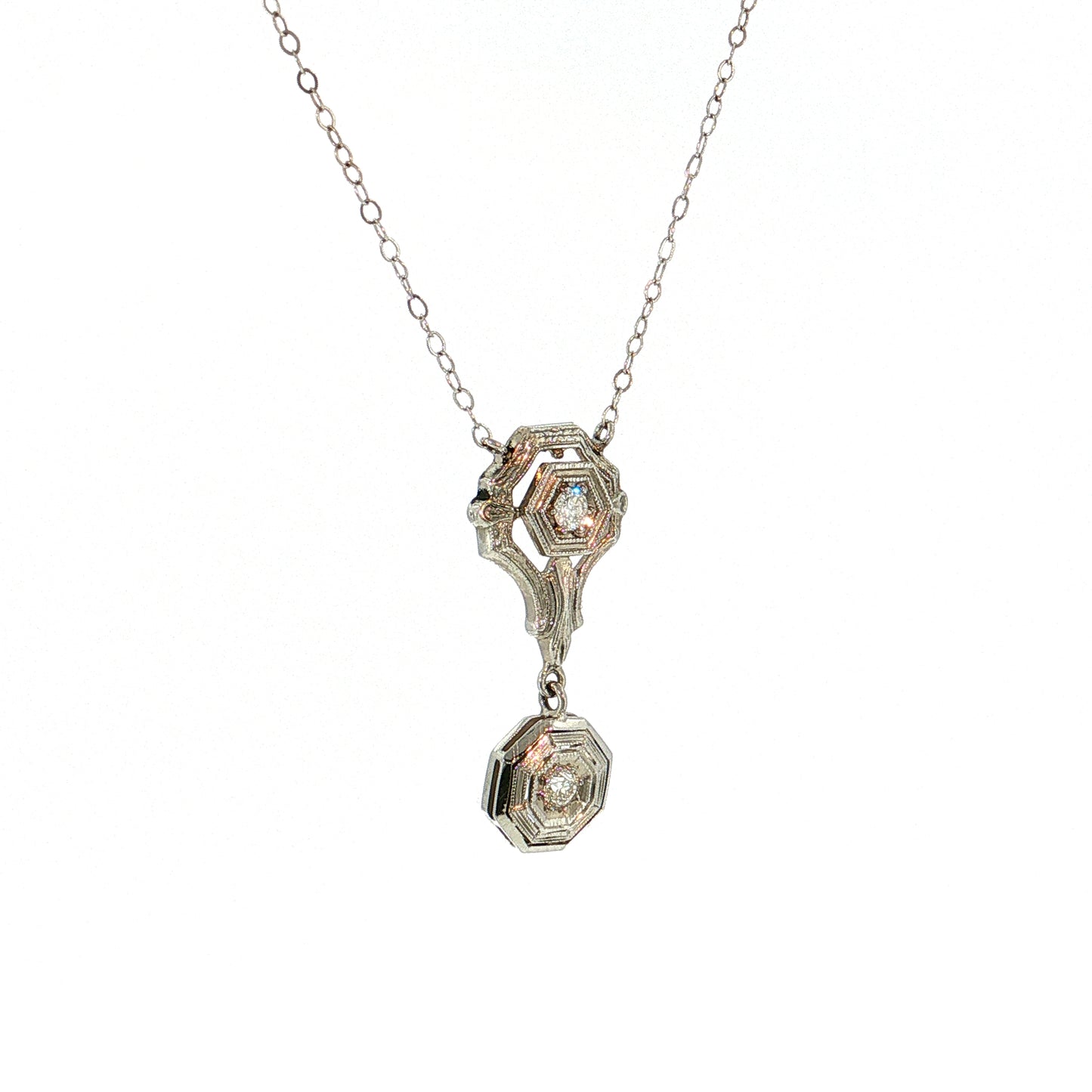 .12 Antique Art Deco Diamond Pendant Necklace 18k & 14k White Gold
