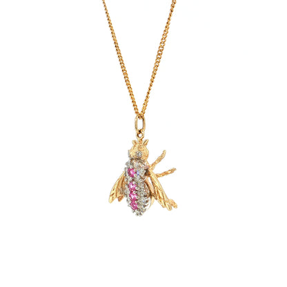 Diamond & Pink Sapphire Bee Pendant Necklace 14k