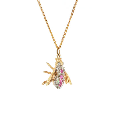 Diamond & Pink Sapphire Bee Pendant Necklace 14k