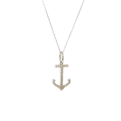 .20 Diamond Anchor Pendant Necklace 18k White Gold