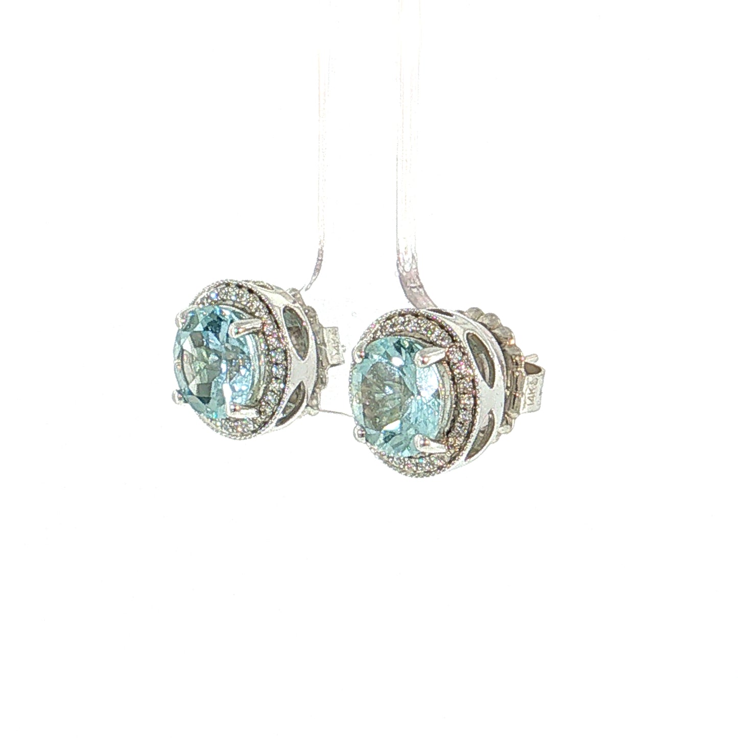 3.18 Aquamarine & Diamond Halo Stud Earrings 14K White Gold