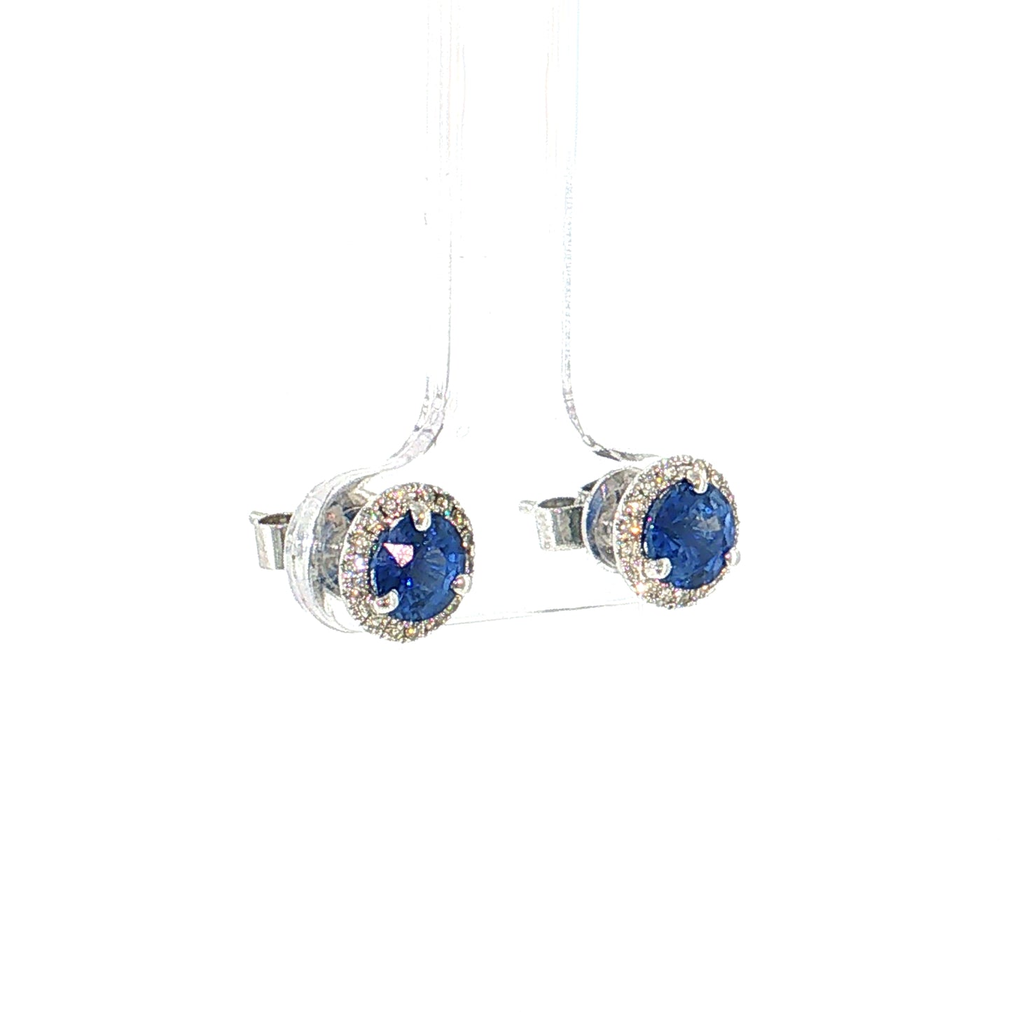 1.60 Blue Sapphire & Diamond Halo Stud Earrings 14k White Gold