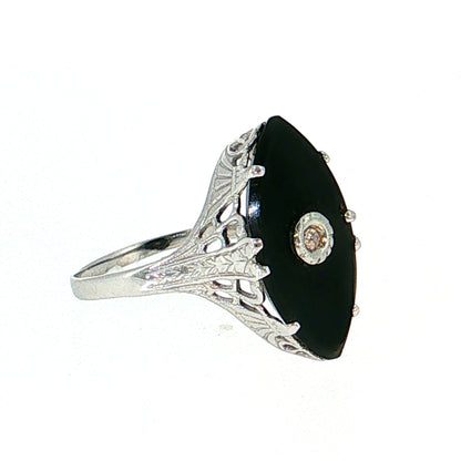 Antique Art Deco Onyx & Diamond Cocktail Ring 14k