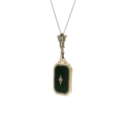 .03 Art Deco Diamond & Onyx Pendant 14k White Gold