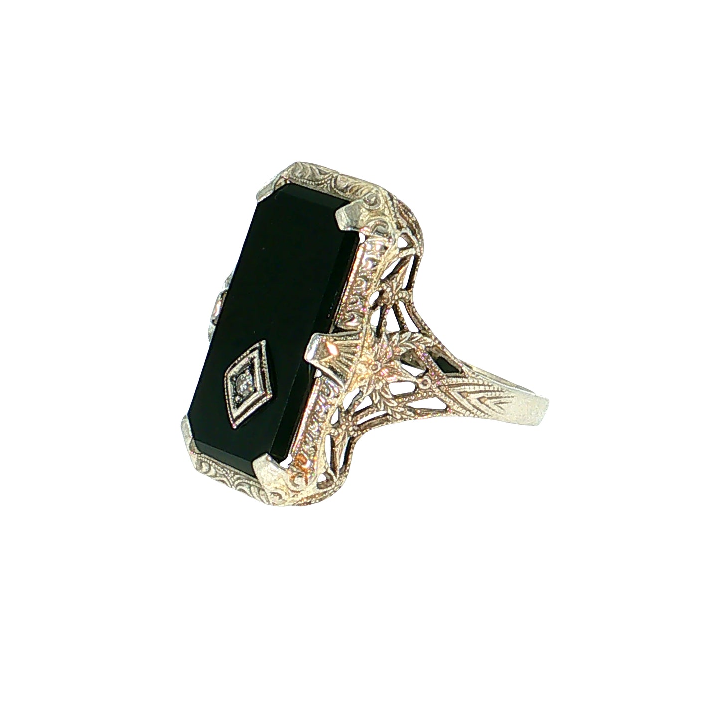 Antique Art Deco Onyx & Diamond Cocktail Ring 10k White Gold