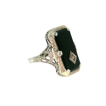 Antique Art Deco Onyx & Diamond Cocktail Ring 10k White Gold