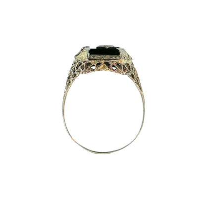Antique Art Deco Onyx & Diamond Cocktail Ring 10k White Gold