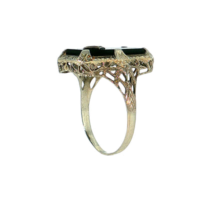 Antique Art Deco Onyx & Diamond Cocktail Ring 10k White Gold