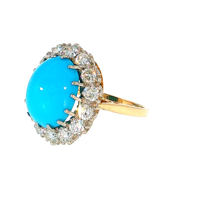 6.62 Turquoise & Diamond Halo Cocktail Ring 18k Two-Tone