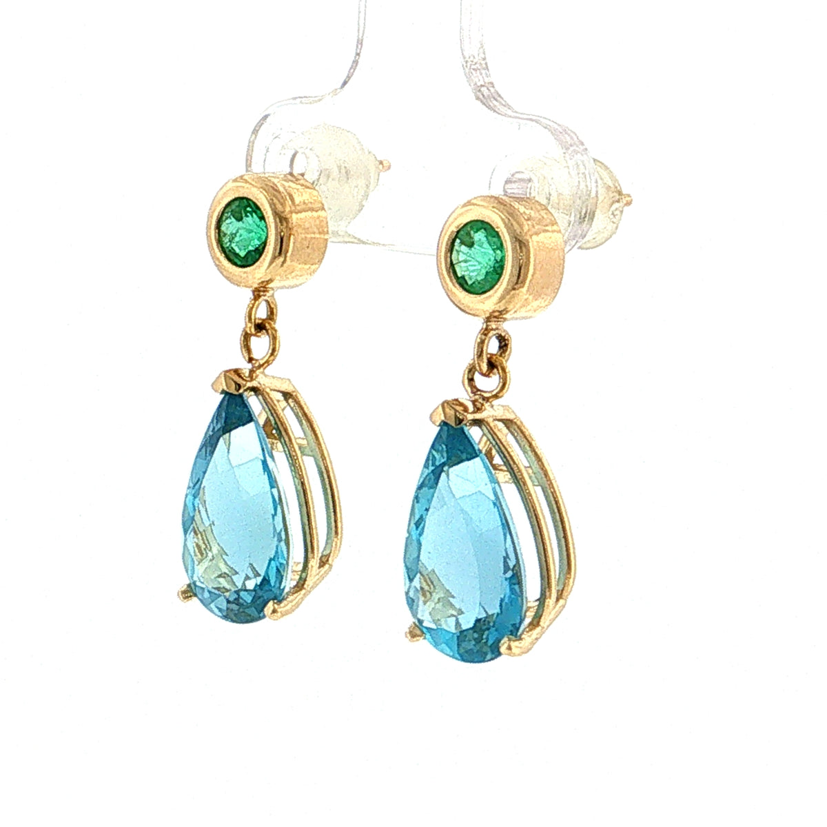 5.85 Pear Aquamarine & Emerald Drop Earrings 14k