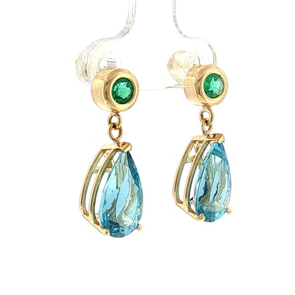 5.85 Pear Aquamarine & Emerald Drop Earrings 14k