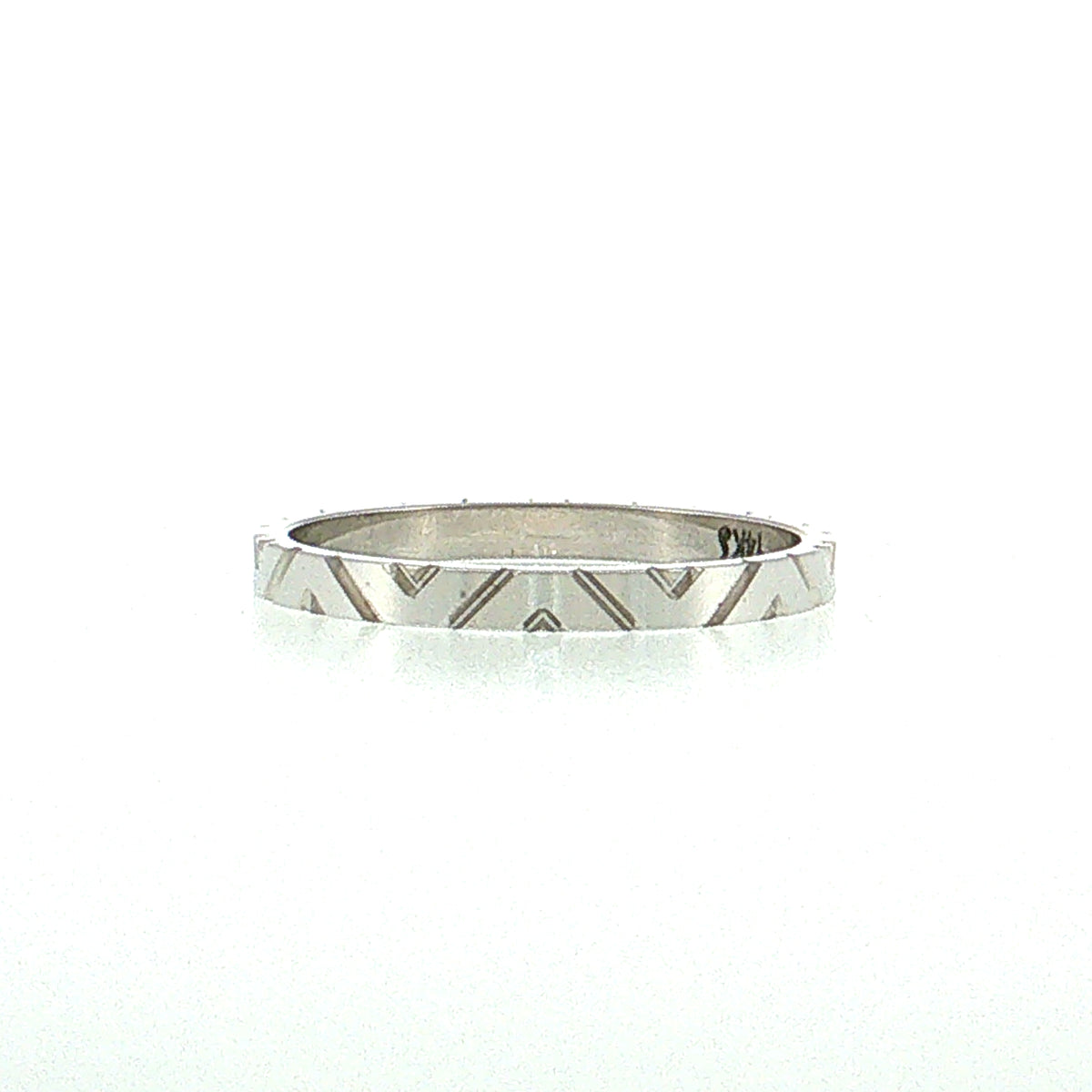 Flat Edge Geometric Engraved Wedding Band 14k White Gold