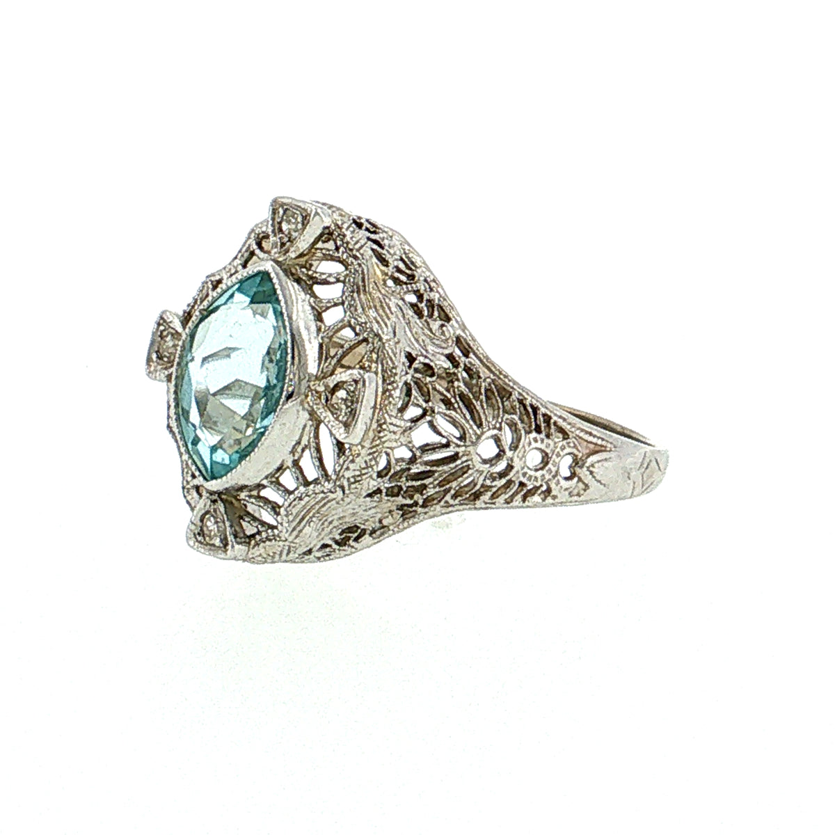 1.01 Antique Art Deco Aquamarine & Diamond Cocktail Ring 14k