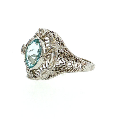1.01 Antique Art Deco Aquamarine & Diamond Cocktail Ring 14k